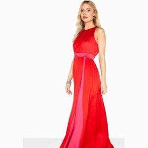 Little Mistress Charlotte Color Block Red and Pink Satin Maxi Dress | Sz. M BNWT